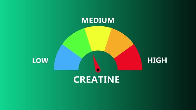 Creatine measurement indicator on green interface with vibrant semicircle spectrum and central needle showing compound