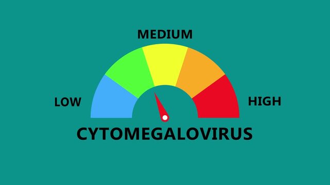 Cytomegalovirus level gauge on teal interface with colorful semicircle spectrum and precise needle indicator showing viral infection intensity from low to high in modern digital healthcare dashboard