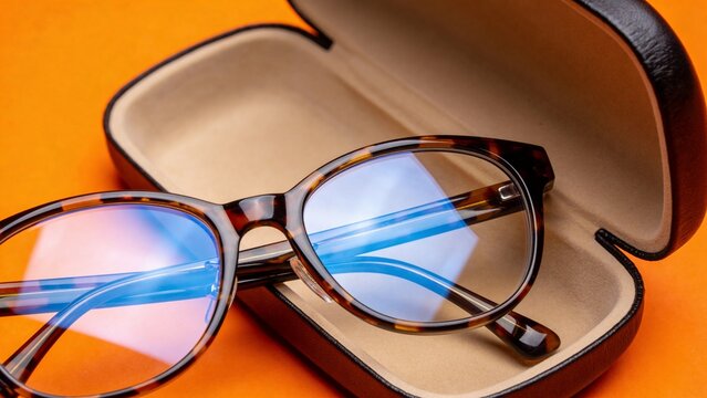 Stylish tortoise shell reading glasses with blue light filter lenses, resting in an open brown leather case on a vibrant orange background, showcasing modern eyewear fashion and eye protection.