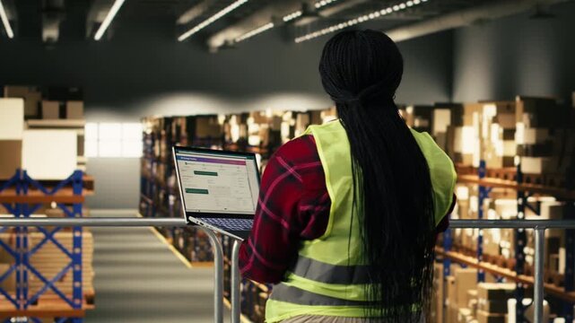 African American worker, shipping and delivery, process using laptop, warehouse facility. Managing logistics planning and supply chain control for package handling in busy fulfillment center.
