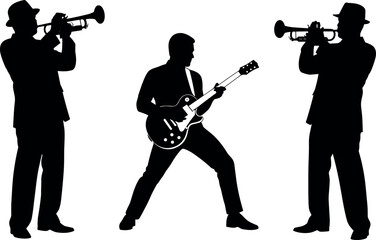 Silhouettes of Professional Jazz Band Musicians Playing Trumpet and Electric Guitar in Suit and Fedora Hat for Live Music Performance © BIPUL