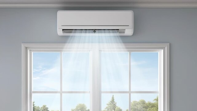 Modern wall mounted air conditioner, blowing cool fresh air, in a bright room with a window.