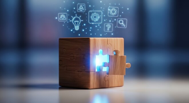 A wooden cube with a glowing puzzle piece representing technology and innovation