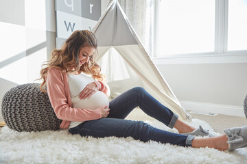 Happy, baby and pregnant woman in home by nursery with maternal bonding, love and connection....