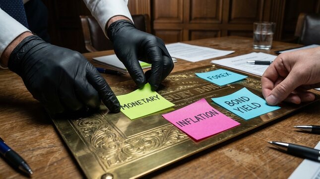Arranging sticky notes with economic terms like Monetary, Inflation, and Bond Yield on a table to discuss financial strategy