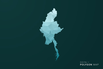Naklejka premium Myanmar Map - Polygon style vector illustration in green and blue low poly geometric design, clean minimal silhouette for infographic.