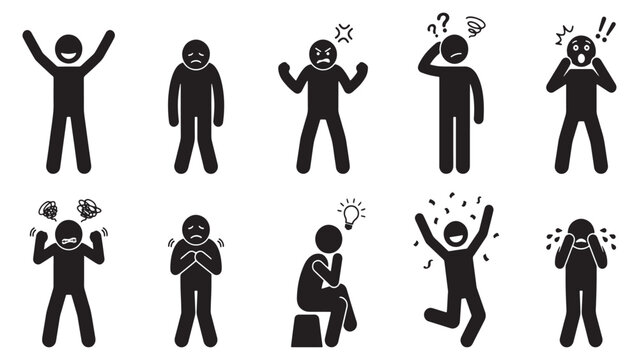 Set of 10 black stickman icons representing various emotions including joy, sadness, anger, confusion, fear, and inspiration.