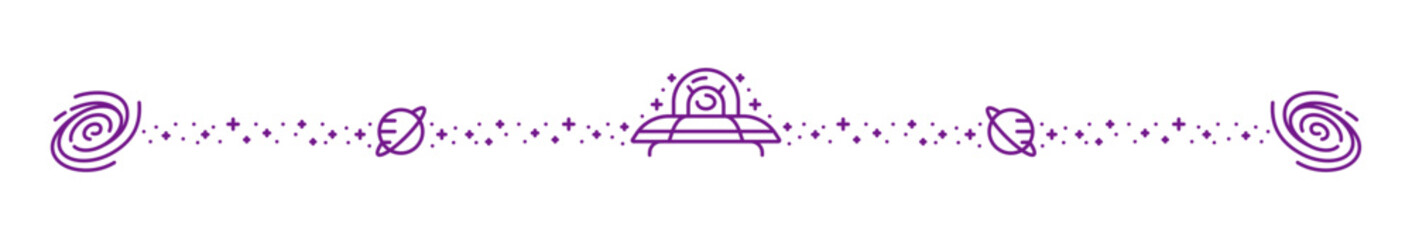 Outer space alien UFO and galaxy line divider. Galaxy outer space exploration divider, cosmos discovery vector frame border. Astronomy underline with alien flying saucer spaceship, stars and planets © Vector Tradition