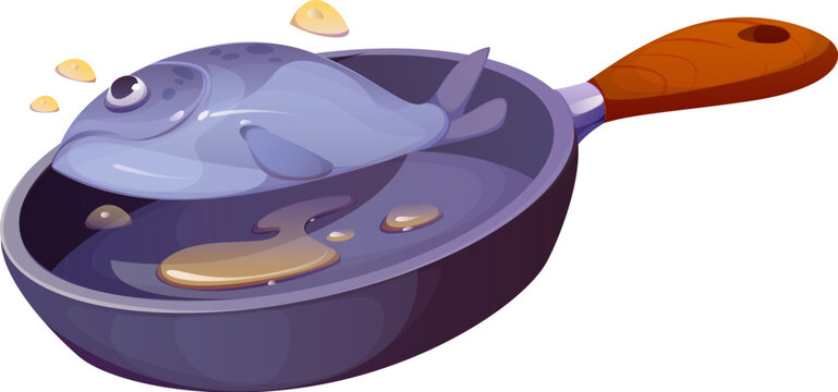 Fresh fish frying on pan, food cooking process. Culinary and gastronomy isolated cartoon vector concept. Seafood meat meal breakfast preparation process or trout fish dish cooking on cast iron pan