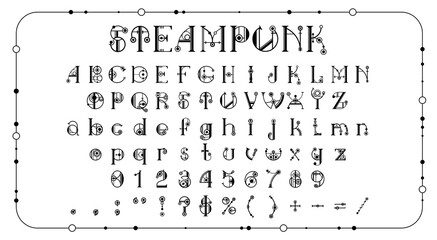 Fototapeta na wymiar Machine steampunk font, mechanic gear typeface letters. Vector vintage steampunk type english alphabet set with letters and numbers made of steam engine pipes, rivets and gears. Retro industrial font