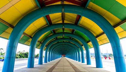 Vibrant Colonnade with Blue Arches and Yellow Ceiling.
