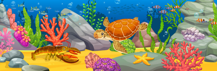 Cartoon sea turtle, lobster, tropical fish and coral reef under water landscape. Ocean underwater bottom scene vector background with sea turtle animal and plants, starfish, seashell and seaweeds © Vector Tradition