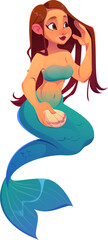 Naklejka premium Pirate icon of cartoon mermaid character or funny sea siren, vector personage. Caribbean pirate adventure character of young mermaid girl or ocean nymph with seashell for underwater game creature
