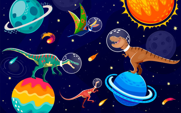 Dinosaur astronauts in outer space vector background. Cartoon cute dino characters in astronaut helmets dancing on alien galaxy planets among stars and comets. Funny tyrannosaurus dinosaur spaceman