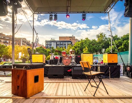 Outdoor stage set up with instruments, lights, and empty chair