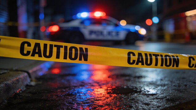 Crime scene at night with police lights flashing behind yellow barrier tape reading "Caution Crime Scene Do Not Enter." Suitable for illustrating crime reports