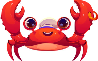 Naklejka premium Pirate character of crab sailor corsair in ship cook chief hat, cartoon vector icon for game. Funny crab seaman or marine crew character for pirate adventure and aquatic animal mascot element
