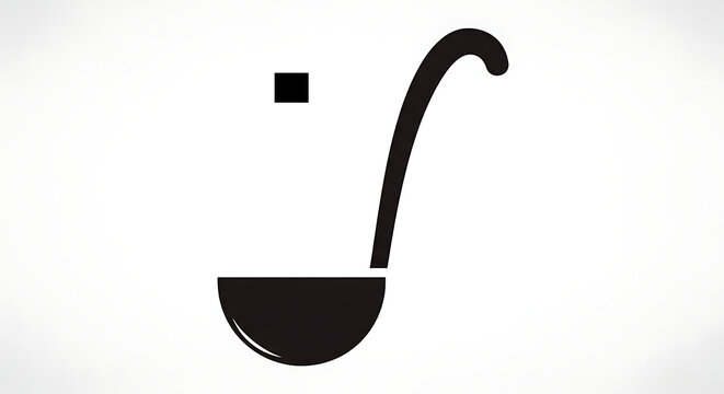 A simple black ladle illustration on a white background with a small square in the upper left