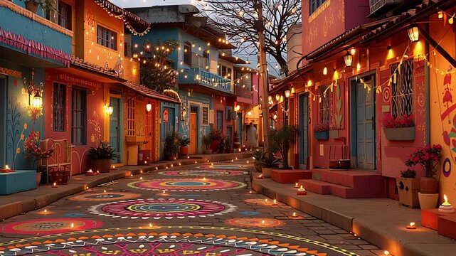 Festive colorful street with rangoli patterns