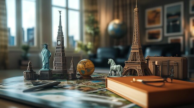 Miniature travel landmarks and suitcase on a table with maps and books
