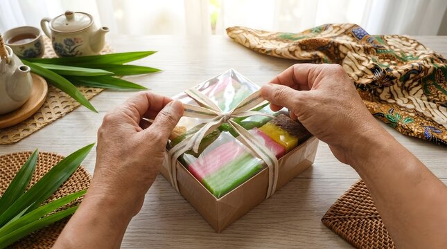 Close up of hands tying a ribbon on a gift box containing traditional green Malaysian kuih on a wooden table