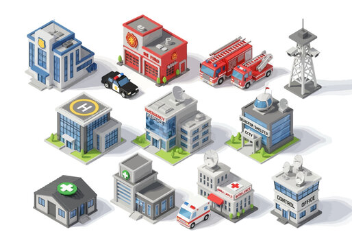 Isometric set of various public service buildings and vehicles in a city environment