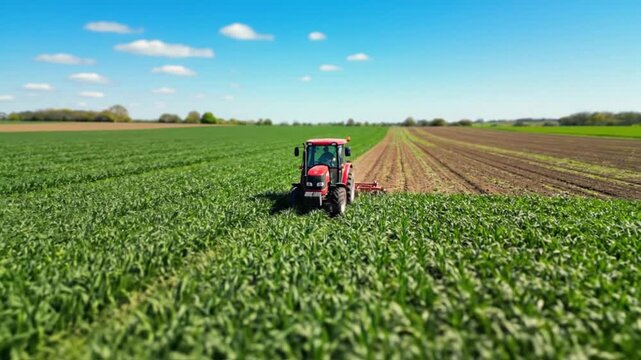 Red tractor working in a green field with miniature faking effect