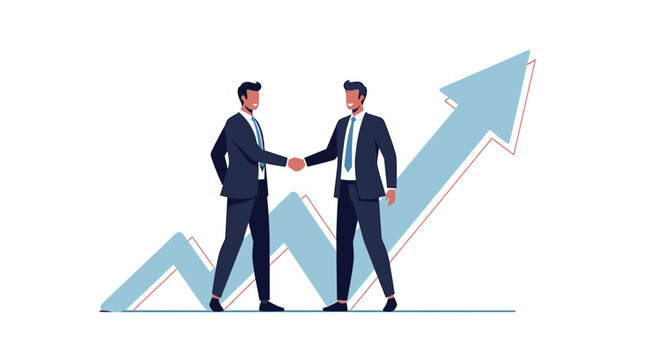 Vector illustration of two businessmen shaking hands with an upward arrow graph