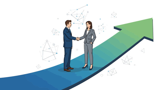 Vector illustration of business people shaking hands on growing graph arrow