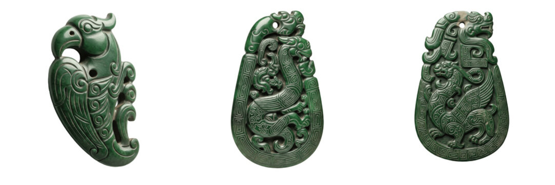 Set and collection of ancient Chinese jade pendants featuring dragon and bird carvings isolated on white transparent png background