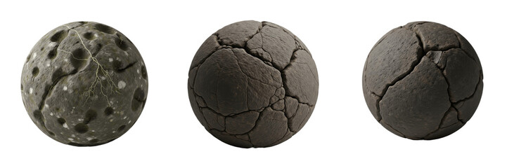 Set and collection of ancient volcanic lava stones and cracked basalt mineral spheres isolated on white transparent png background © createrthing