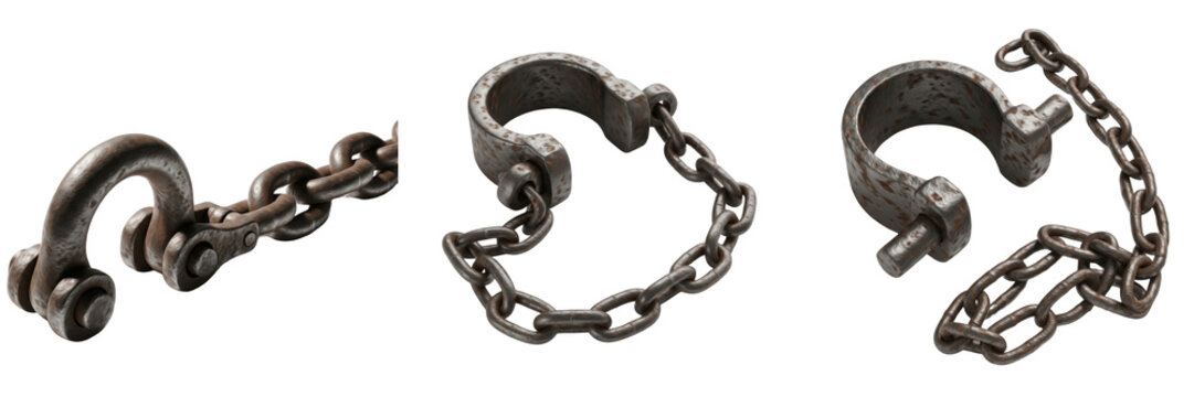 Set and collection of ancient rusty metal shackles with heavy iron chains for historical exhibition isolated on white transparent png background