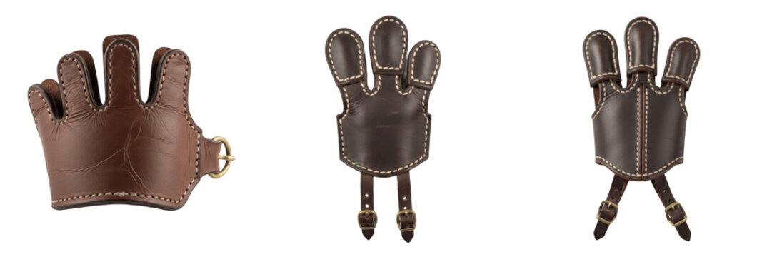 Set and collection of professional leather archery finger tabs and three-finger guards for bow shooting protection isolated on white transparent png background