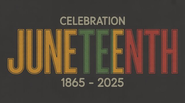 Juneteenth celebration graphic with colorful text on dark background