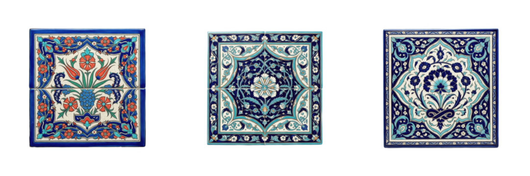 Set and collection of traditional Iznik ceramic tiles with blue floral patterns and Ottoman Turkish geometric designs isolated on white transparent png background