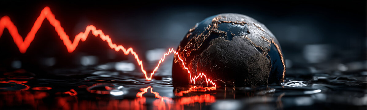 Global Economic Downturn: The world in a state of financial decline. A global economic downturn symbolized by a sinking Earth amidst coins and a falling stock market graph.
