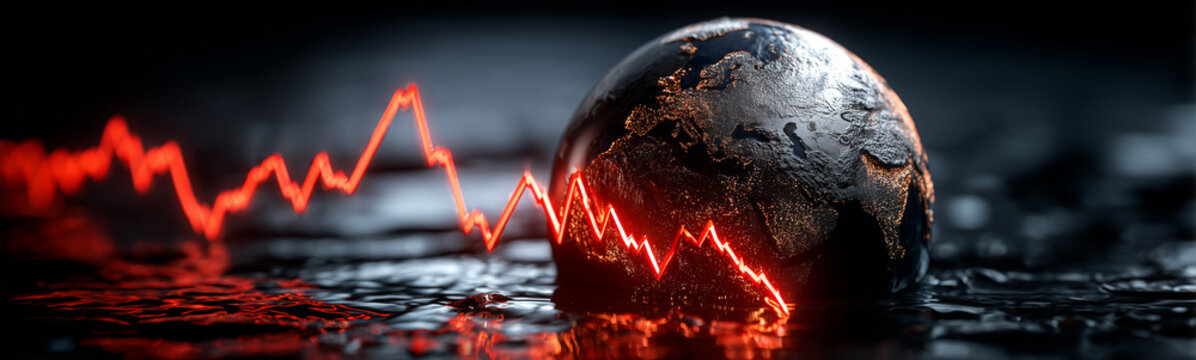 Economic Uncertainty: The world's economy in the crosshairs, captured in a visually compelling shot. The image shows a distressed earth amid a red line representing financial instability.