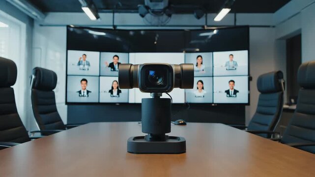 Camera adjusts angle automatically while tracking speaker and display shows remote participants 