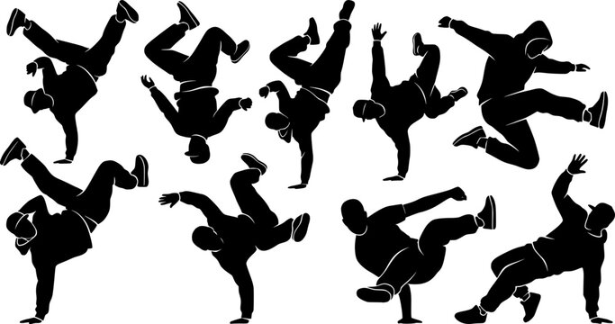 Hip-Hop and Breakdance Dancer Silhouette Vector Set &ndash; Urban Street Dance Poses on White Background
