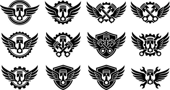 Set of winged motorcycle engine. Design elements for poster, emblem, sign, logo, label, emblem.
