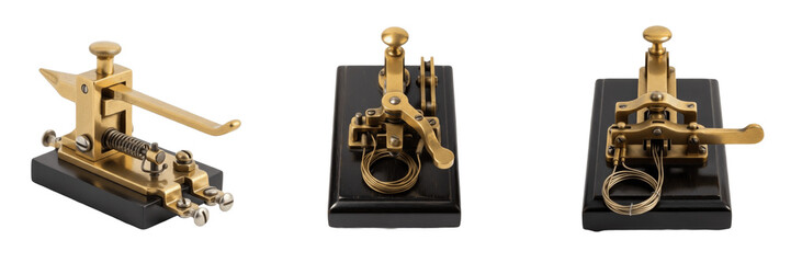 Set and collection of vintage brass telegraph key machines for morse code communication and antique technology isolated on white transparent png background © createrthing