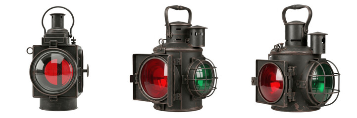 Set and collection of vintage railway lantern signal lamps with red and green glass for railroad safety isolated on white transparent png background © createrthing