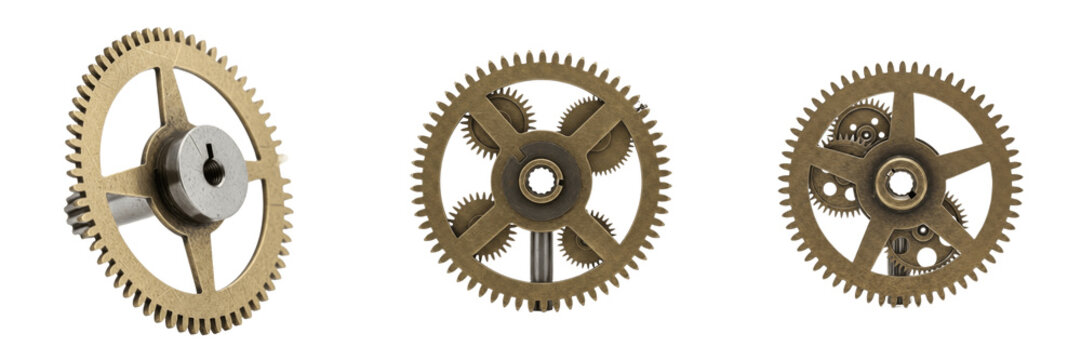 Set and collection of vintage brass watch gears and clockwork mechanism parts for steampunk design isolated on white transparent png background