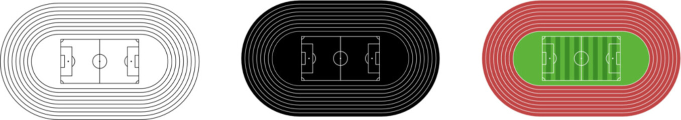 Top view running track stadium with soccer field in center. Minimal outline, dark and colorful versions. Clean sports arena vector illustration for infographics, maps, sport design and backgrounds. © Slamet