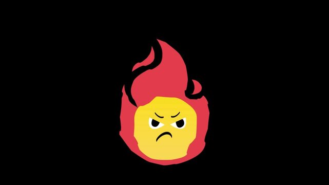 Angry cartoon fireball character with red flames and yellow face blowing smoke from nose isolated on transparent background for game design and icons