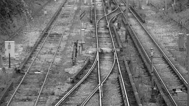 Subway train tracks in Toronto. Black and white.