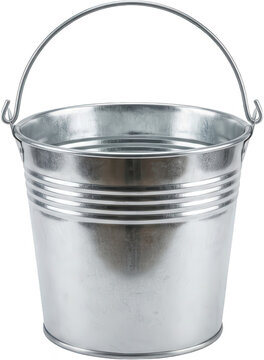 A classic galvanised metal pail with a durable wire handle featuring ribbed detailing around the upper circumference for added texture and strength bucket galvanized tin steel transparent background