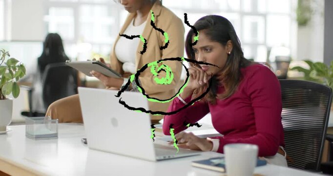 Seated woman typing, sparking standing tapping tablet, marketing work evolving under spiral overlay