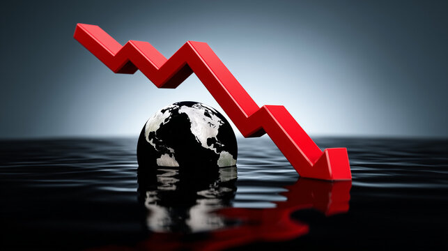 Economic Downturn: A symbolic depiction of the global financial crisis. The red arrow points downwards toward the earth sphere.