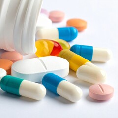 Assorted Colorful Tablets and Capsules Spilled from Bottle on White Surface